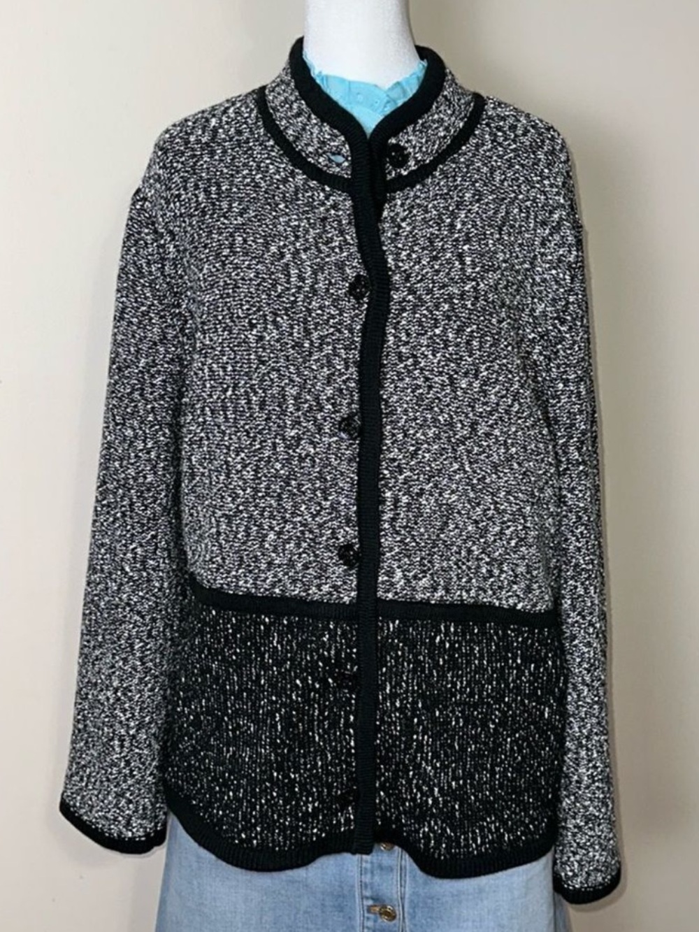 KL XL Two Tone Marbled Black White Boucle Cotton Blend Knit Button Front Jacket - Picture 14 of 15